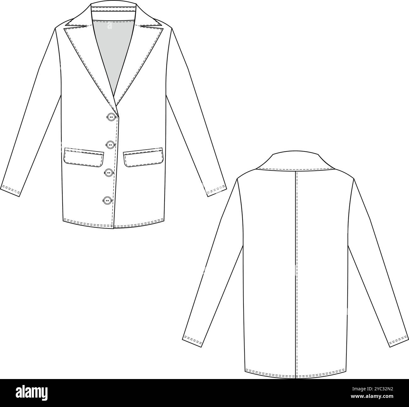 colletto con tasche con patta manica lunga abbottonata giacca lunga soprabito capospalla modello tecnico Illustrazione Vettoriale