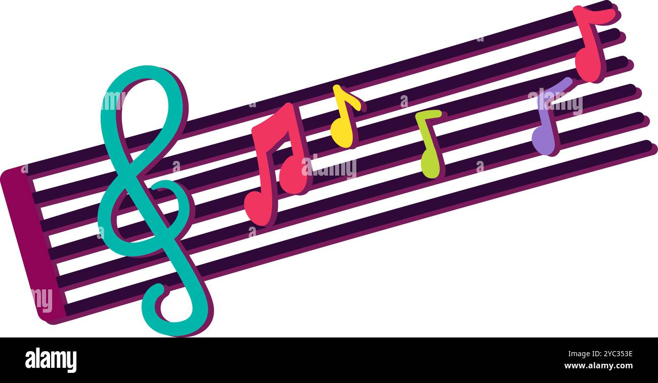 Una vivace illustrazione vettoriale di personale colorato con acuti e note in stile cartoni animati gioioso. Un vivace festival musicale o una festa con gioia Illustrazione Vettoriale