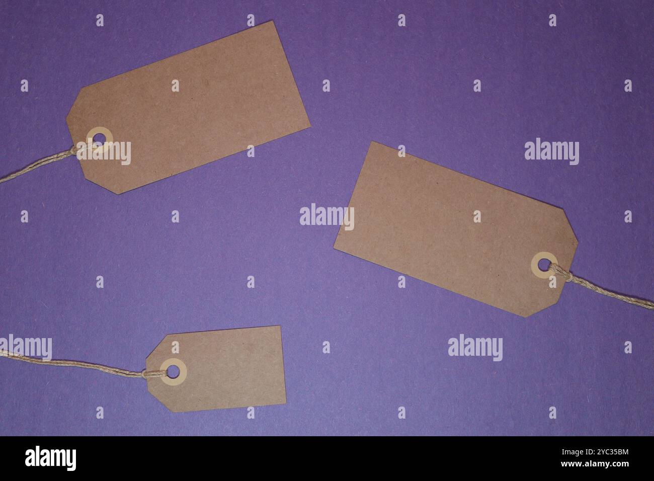 Etichette di carta marrone vuote posizionate ad angolo su sfondo viola Foto Stock