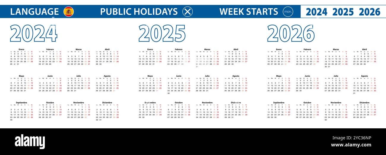 Semplice modello di calendario in spagnolo per 2024, 2025, 2026 anni. La settimana inizia da lunedì. Illustrazione vettoriale. Illustrazione Vettoriale