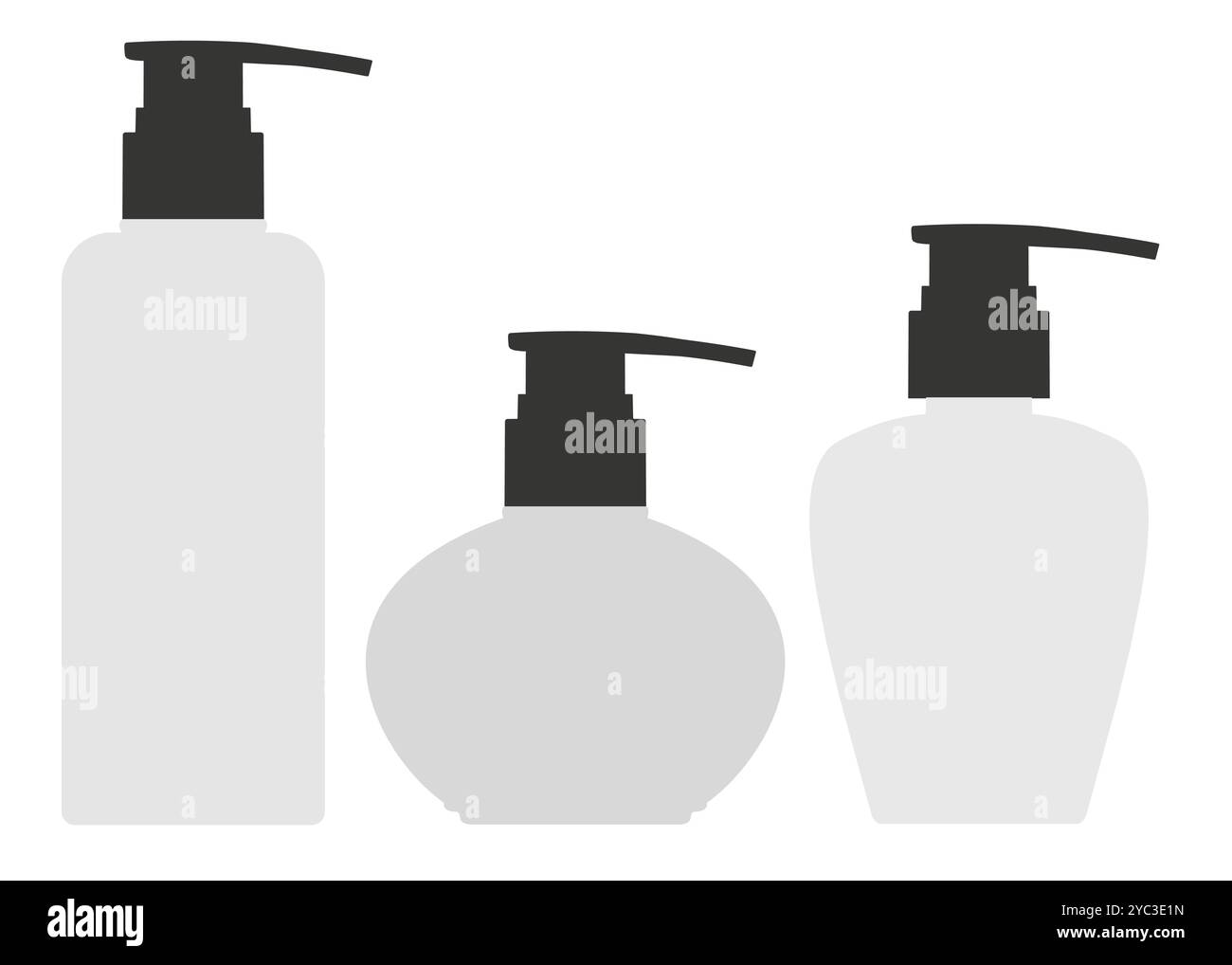 Set di confezioni silhouette per prodotti cosmetici. Contenitore di raccolta in plastica con pompa, flacone, spray. Vettore di raccolta del set di mockup di imballaggio, isolat Illustrazione Vettoriale