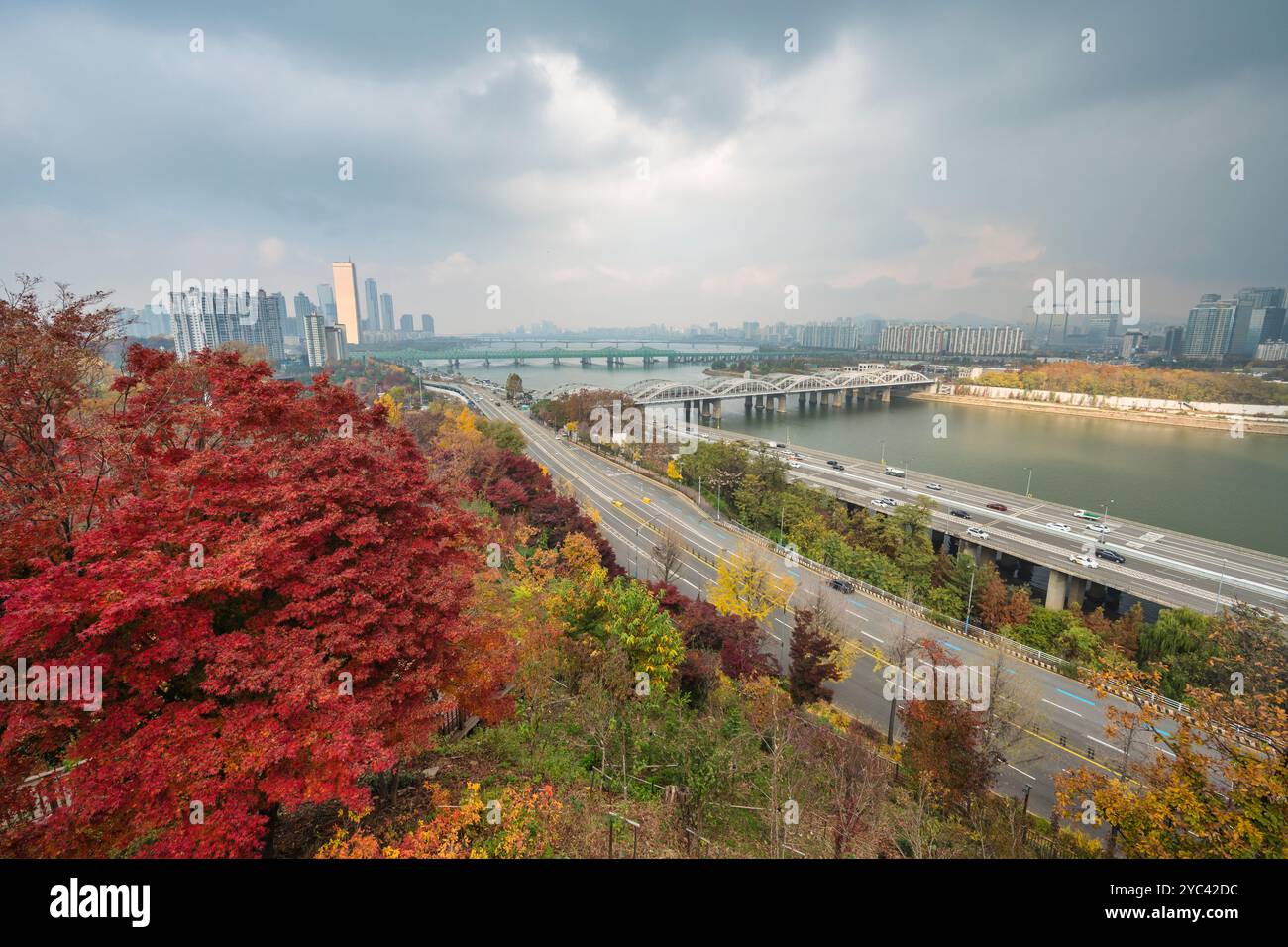 Lo skyline della città di Seoul nella Corea del Sud all'Isola di Yeouido e la vista del fiume Han dal Parco Yongbongjeong in autunno Foto Stock