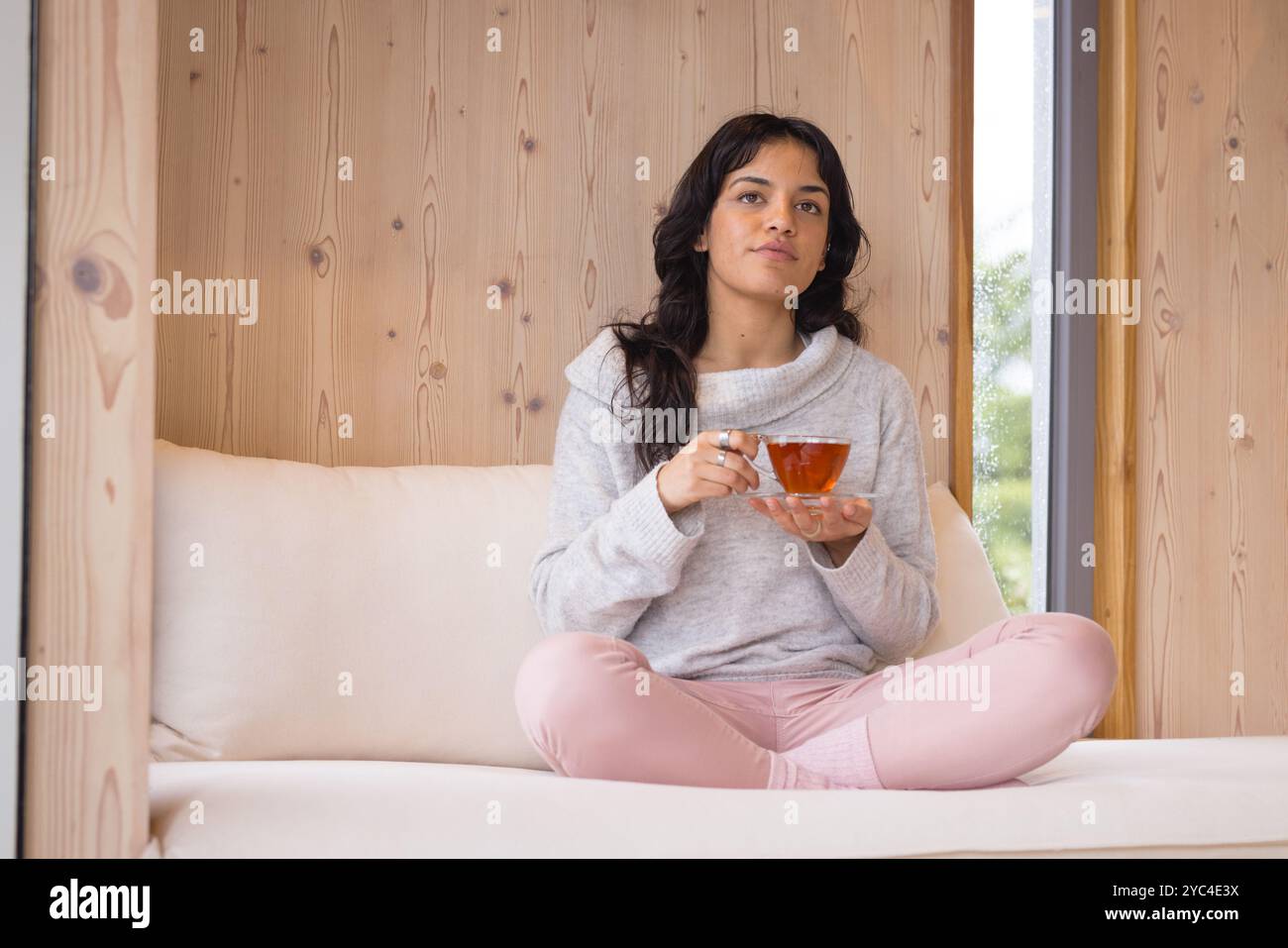 Rilassatevi a casa, la donna si gusta il tè su un comodo divano e si sente tranquilla Foto Stock