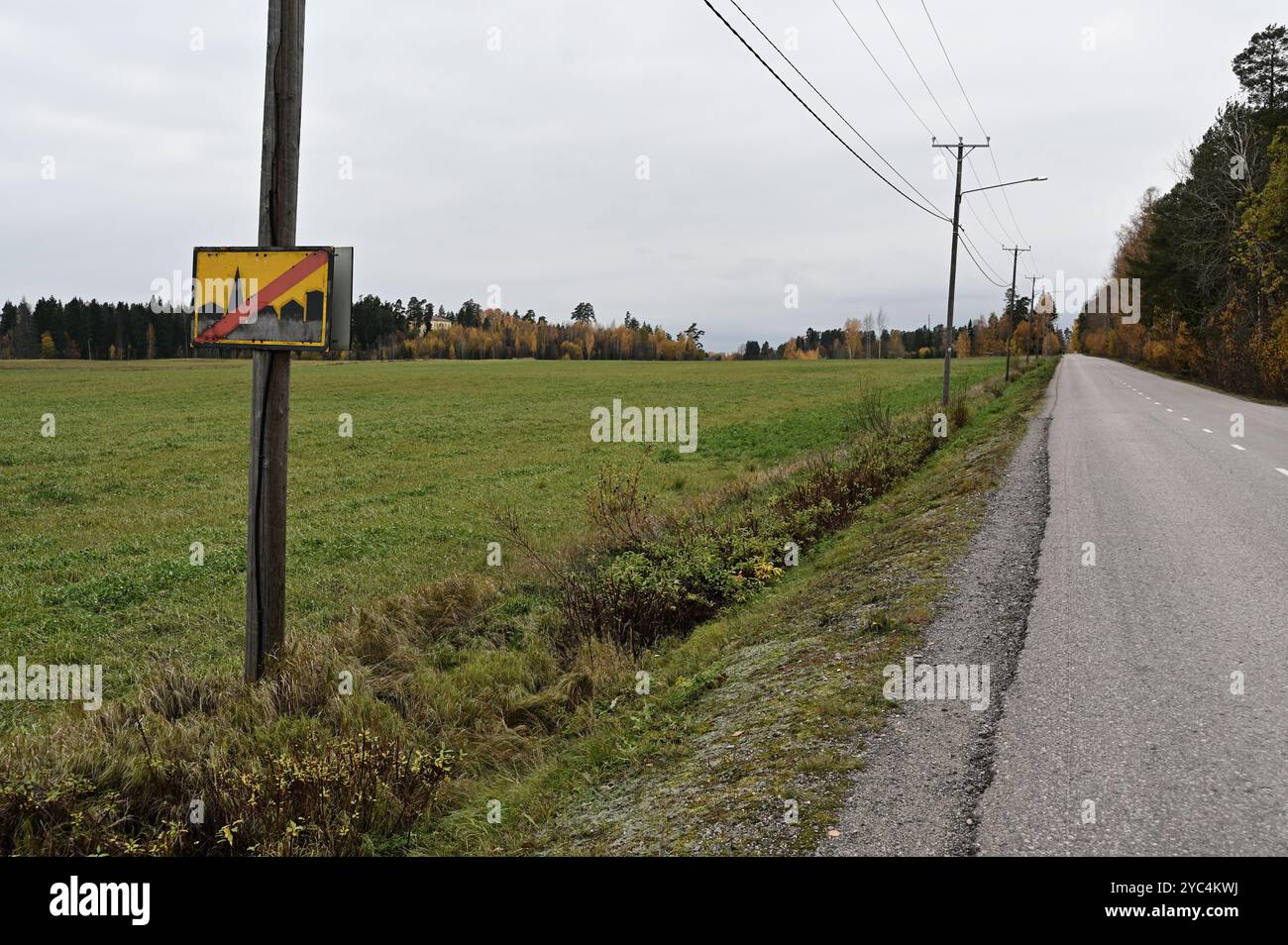 Questa immagine mostra un paesaggio rurale con una lunga strada dritta sul lato destro della foto. La strada attraversa un campo pianeggiante e aperto con la linea elettrica Foto Stock