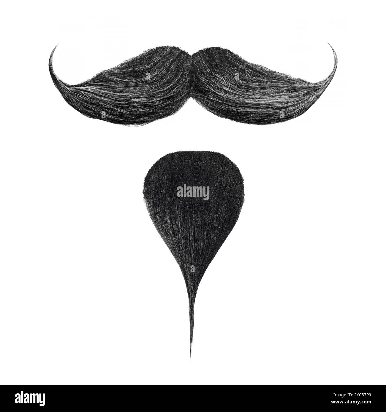 Baffi ricci neri e barba piccola isolati su sfondo bianco Foto Stock