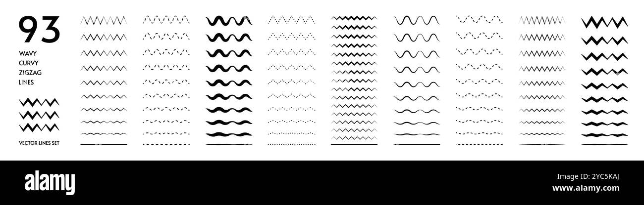 Linee ondulate. Zigzag onde squillanti. Grafica ondulata o ondulata. Sinusoidale ondulata. Divisori neri. Parallelo frastagliato. Ampiezza angolare. Sottolineatura diritta. Set vettoriale elementi forma d'onda orizzontale Illustrazione Vettoriale