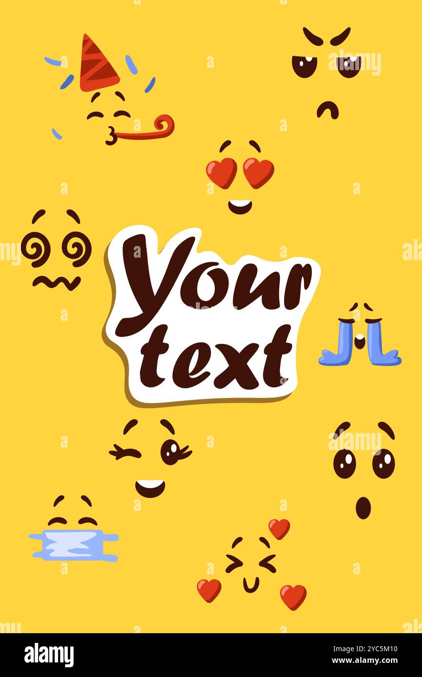 Emoji stellare. Espressione emotiva. Sorridi faccia. Emoticon allegri o arrabbiati. Icona gialla stellata. Spazio personaggio divertente. Cuore d'amore. Sorrisi confusi o allegri. Divertimento per le vacanze. Piangere lacrime. Banner di testo vettoriale Illustrazione Vettoriale