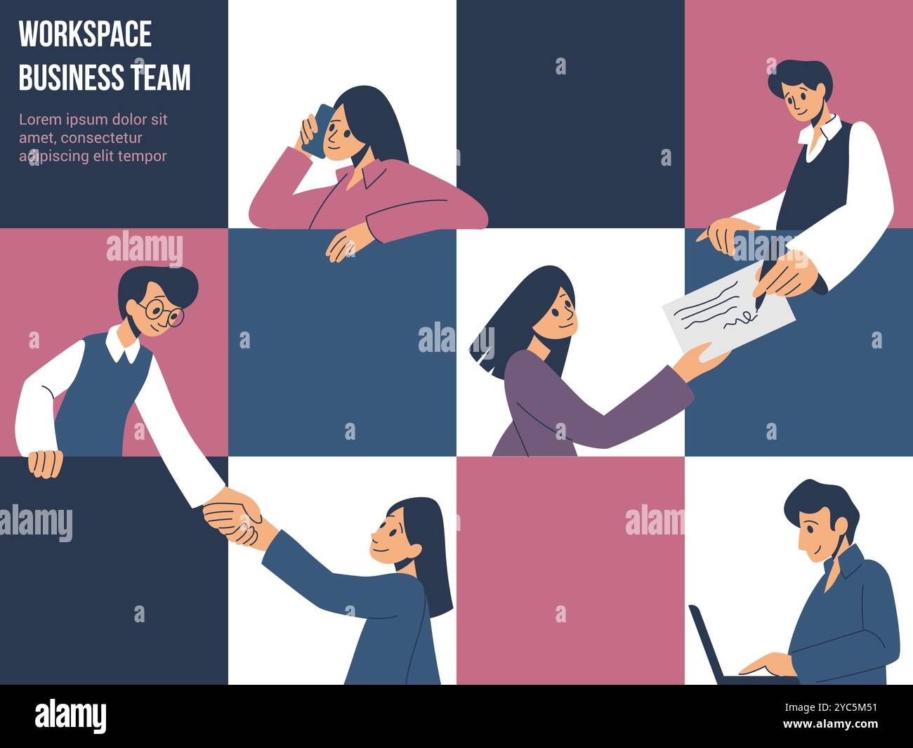 Personaggi creativi. Comunità di persone. Colloqui in ufficio lavoro di squadra. Comunicazione sul luogo di lavoro. Team per persone d'affari. Tecnologia di lavoro. Assistente di supporto. Una partnership da uomo d'affari. Design a striscione piatto vettoriale Illustrazione Vettoriale