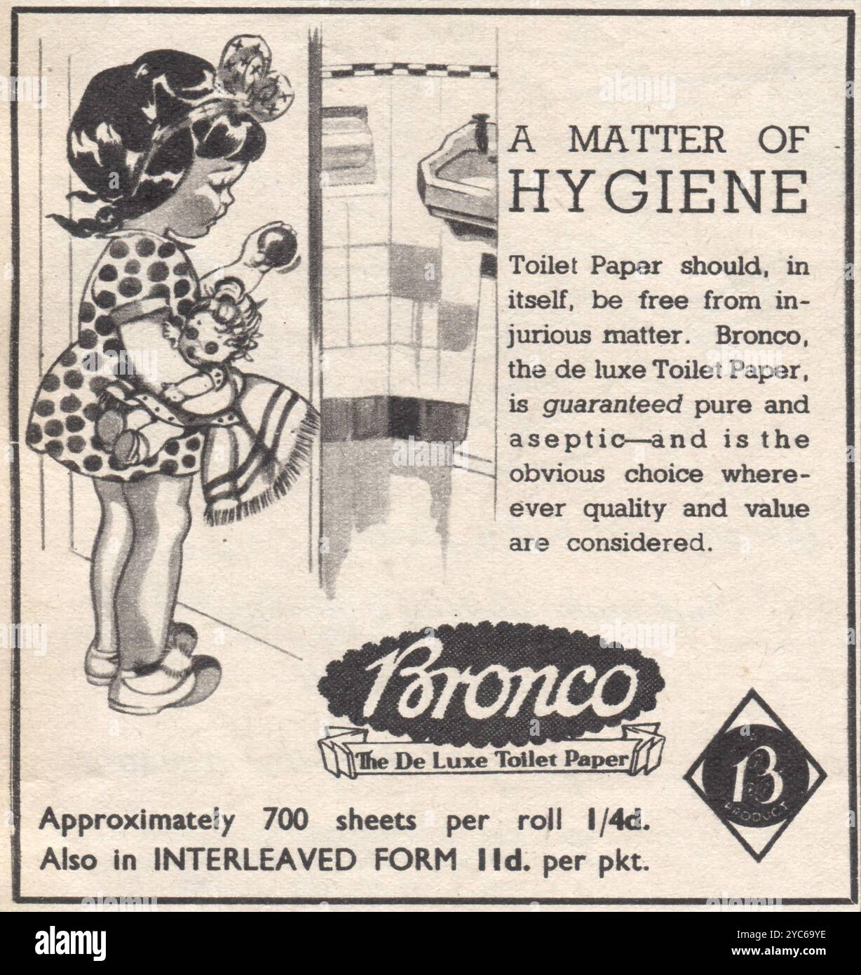 Carta da bagno Bronco. 1960s pacchetto di singoli fogli di carta in scatola di cartone. In questo periodo Bronco fu prodotto dal Peter Dixon Group, ma fu lanciato dalla British Perforated Paper Company a Londra, e fu dichiarato come il primo rotolo perforato nelle pubblicità degli anni '1930. Dixon ha rilevato il marchio nel 1955. Bronco stesso si rese conto di quanto fosse ruvido un prodotto e lanciò Sofrol nei primi anni '1960, ma per convenienza Bronco governò per molti altri anni, specialmente negli edifici pubblici e nelle scuole. La scatola qui offre alle casalinghe sconti su un apriscatole e bilance per pesare . Foto Stock