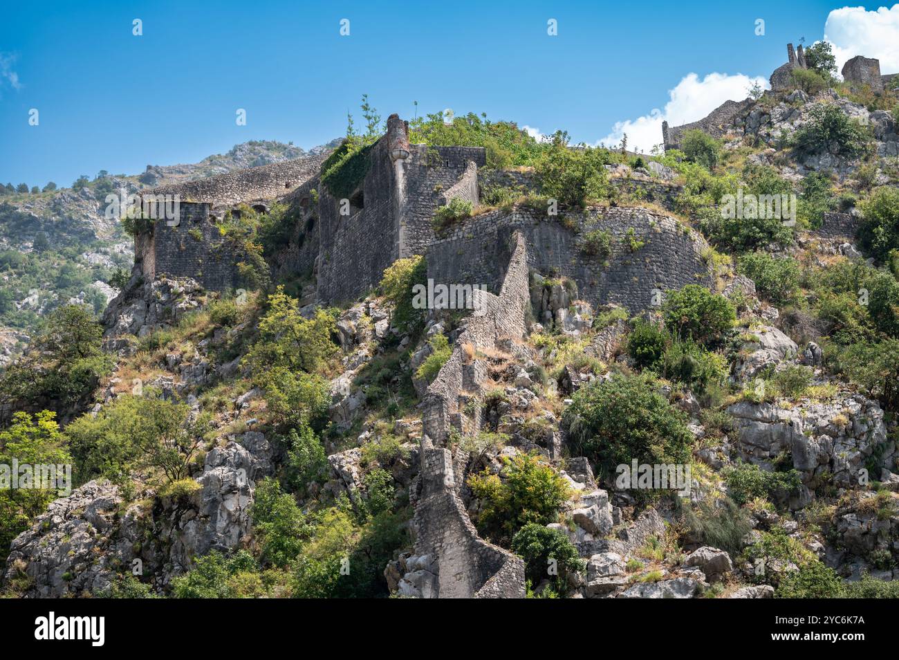 Paesaggio con le mura della Fortezza Vecchia lungo la montagna a Cattaro, Montenegro Foto Stock