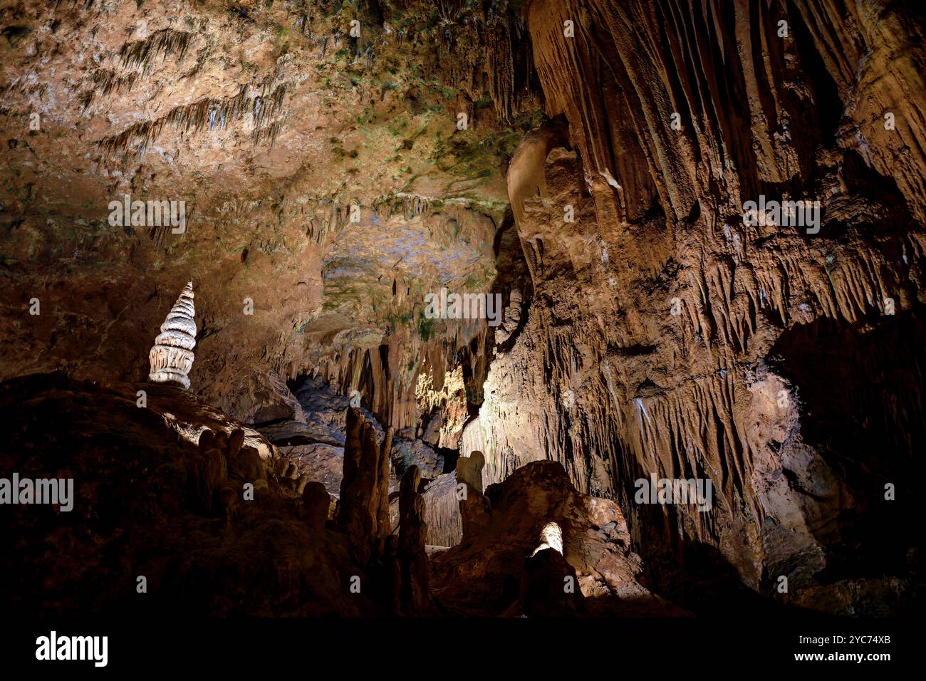Luray Caverns formazioni calcaree Luray Virginia // LURAY, Virginia, Stati Uniti - il vasto sistema di grotte di Luray Caverns mostra diverse formazioni calcaree create nel corso di milioni di anni. Queste grotte, scoperte nel 1878, presentano colonne drammatiche, stalattiti, stalagmiti, e flowstone in tutte le loro camere collegate. Le caverne rappresentano uno dei sistemi di grotte più visitati e ben conservati degli Stati Uniti orientali. Foto Stock
