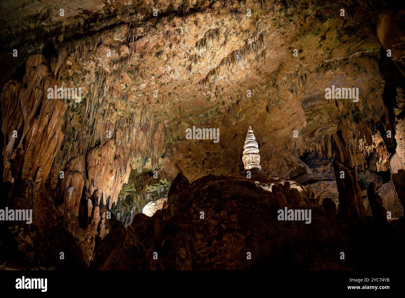 Luray Caverns formazioni calcaree Luray Virginia // LURAY, Virginia, Stati Uniti - il vasto sistema di grotte di Luray Caverns mostra diverse formazioni calcaree create nel corso di milioni di anni. Queste grotte, scoperte nel 1878, presentano colonne drammatiche, stalattiti, stalagmiti, e flowstone in tutte le loro camere collegate. Le caverne rappresentano uno dei sistemi di grotte più visitati e ben conservati degli Stati Uniti orientali. Foto Stock