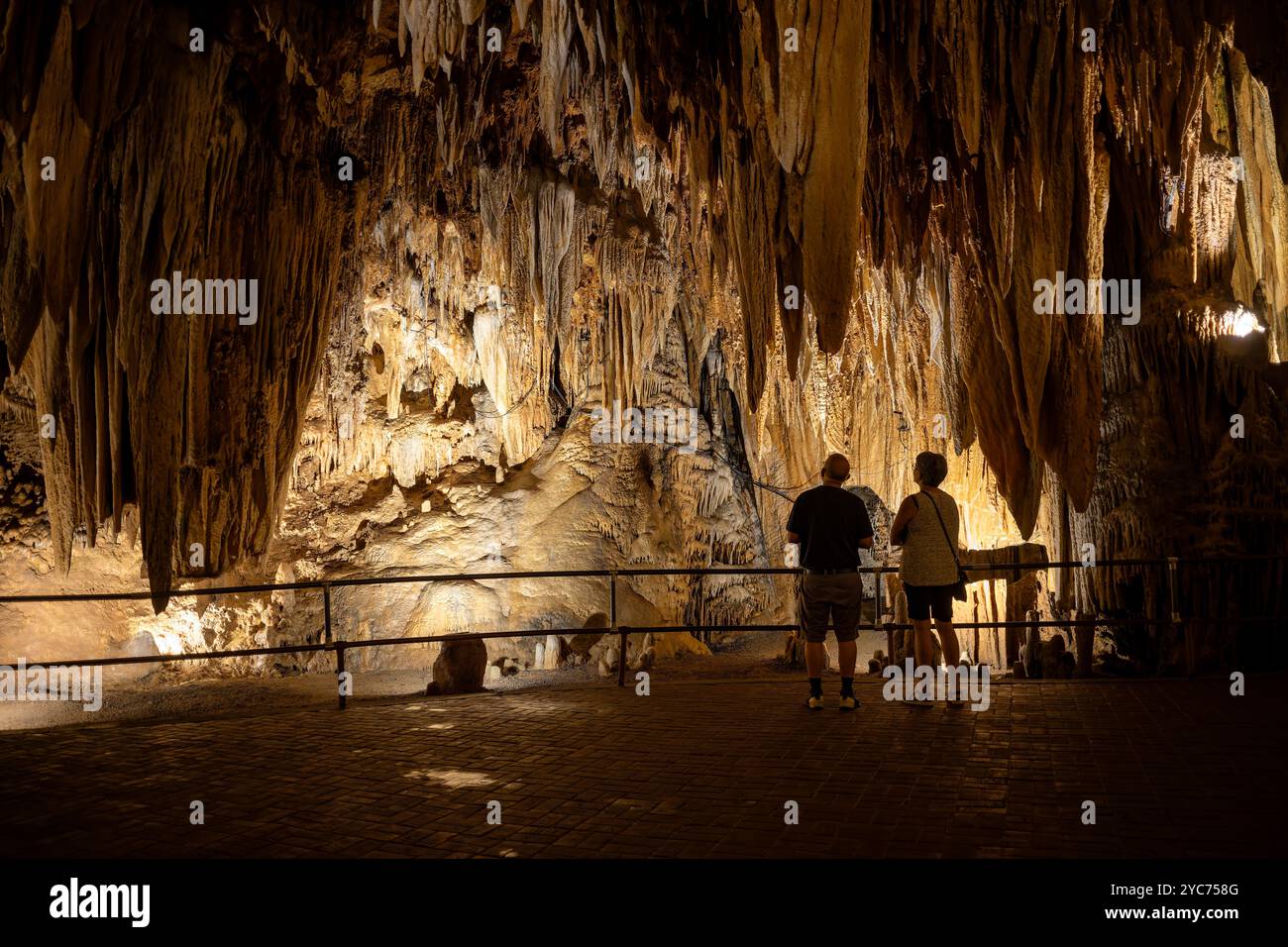 Luray Caverns Great Stalacpipe Organ Virginia // LURAY, Virginia - la camera della cattedrale di Luray Caverns ospita il Great Stalacpipe Organ, riconosciuto dal Guinness World Records come il più grande strumento musicale del mondo. Creato dal matematico Leland W. Sprinkle tra il 1954 e il 1957, questo strumento unico utilizza mazzuoli con punta in gomma a controllo elettronico per colpire le stalattiti su 3½ acri di caverne. La camera, originariamente conosciuta come Ballroom, presenta stalattiti scelti appositamente per i loro toni musicali. Foto Stock