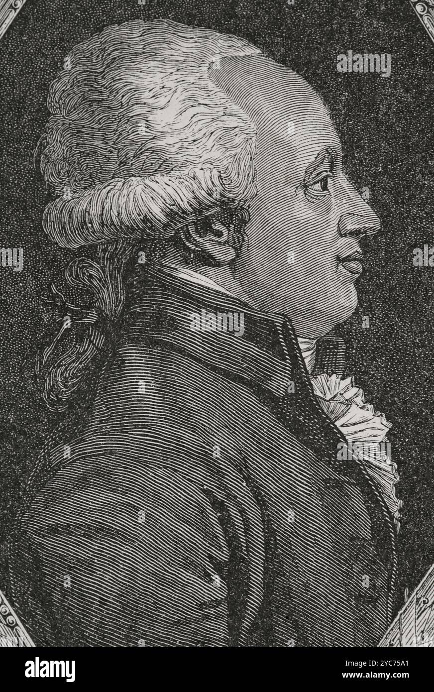 Jean-Francois Reubell (1747-1807). Politico e diplomatico francese. Deputato costituente della Convenzione Nazionale (1792-1795), Feuillant (Club des Feuillants) e poi Montagnard (la Montagne), sostenne il regicidio di Re Luigi XVI e la guerra contro la prima coalizione. Presidente del repertorio esecutivo della Repubblica francese e presidente del repertorio in data 11 novembre 1795. Verticale. Incisione di Pannemaker. "Storia della Rivoluzione francese". Volume i, 1876. Foto Stock
