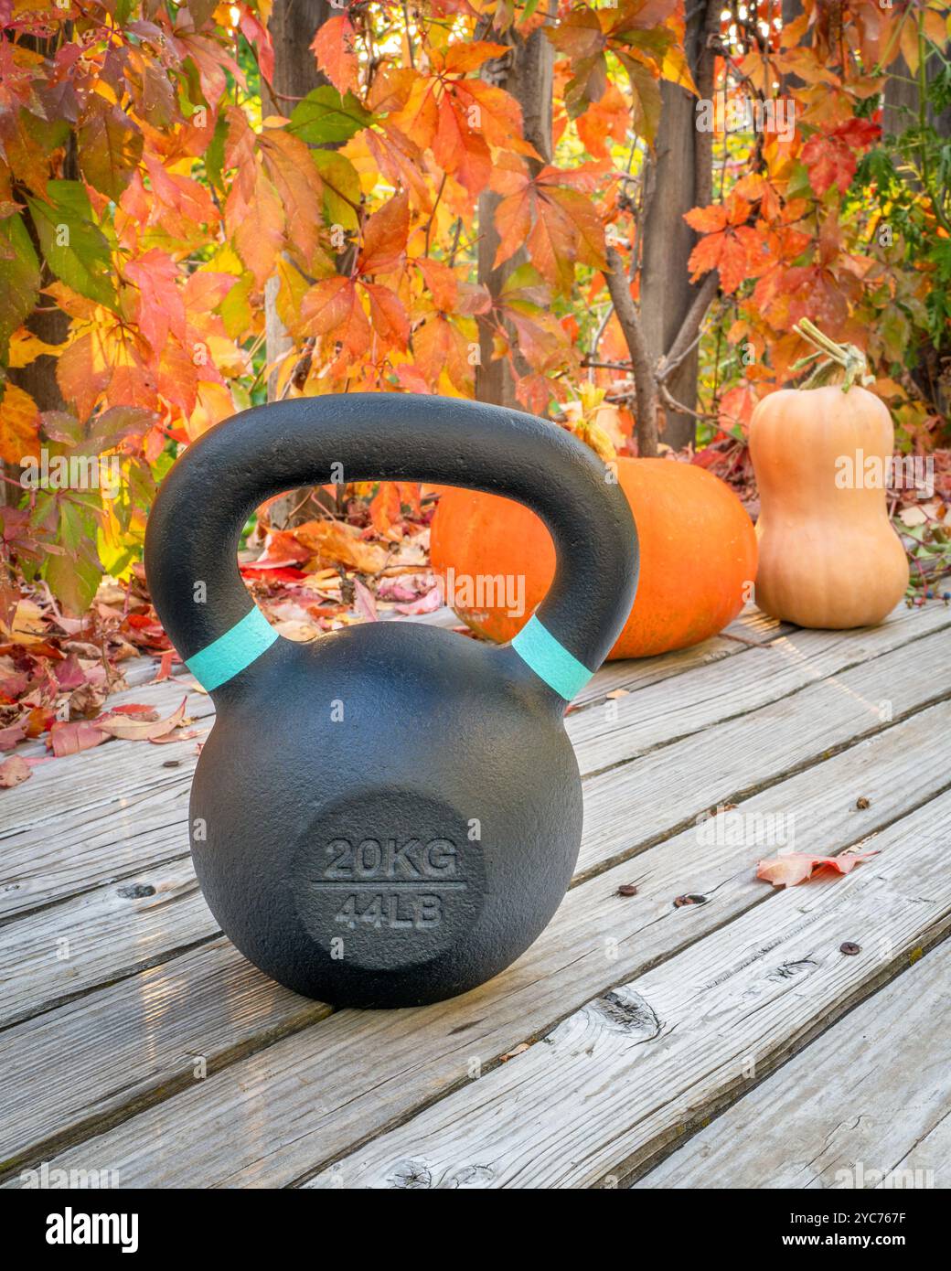 ferro con campana su un ponte di legno sul retro nel paesaggio autunnale con zucca Foto Stock