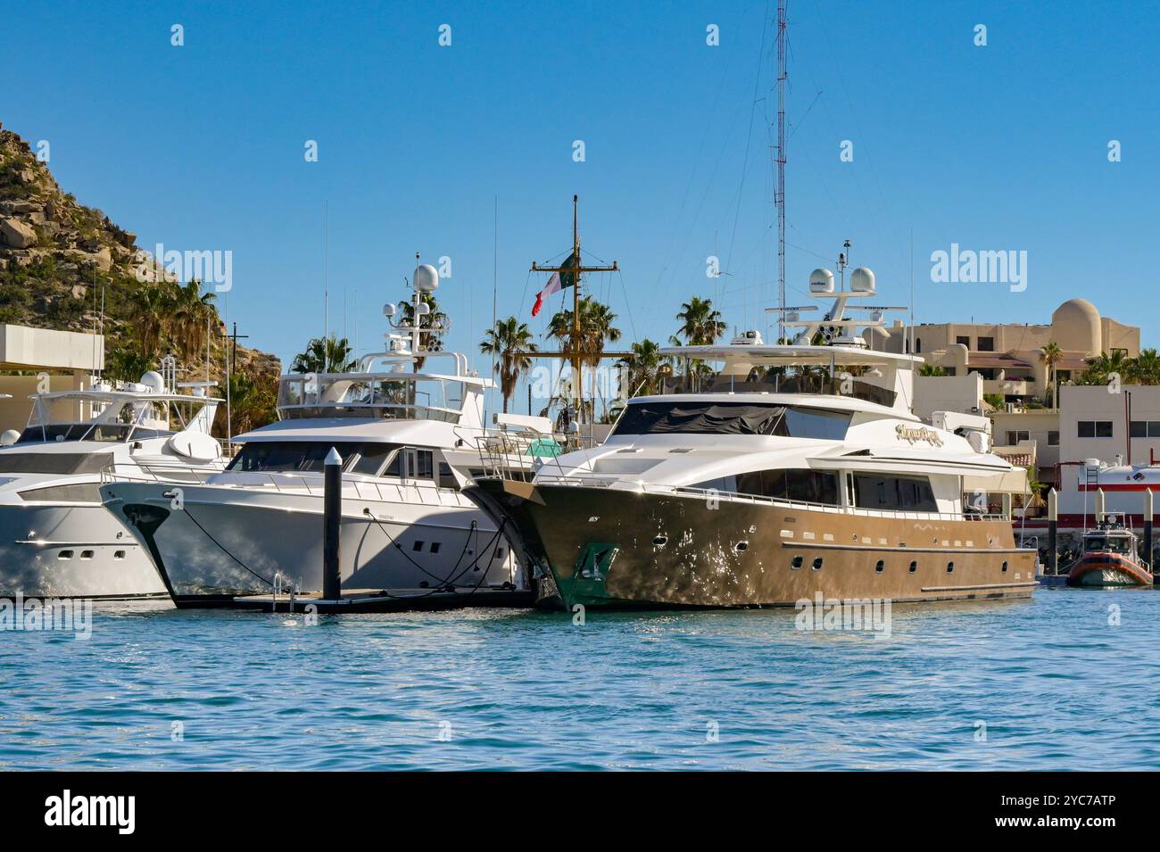 Cabo San Lucas, Messico - 14 gennaio 20204: Yacht a motore di lusso ormeggiati nel porto di Cabo San Lucas Foto Stock