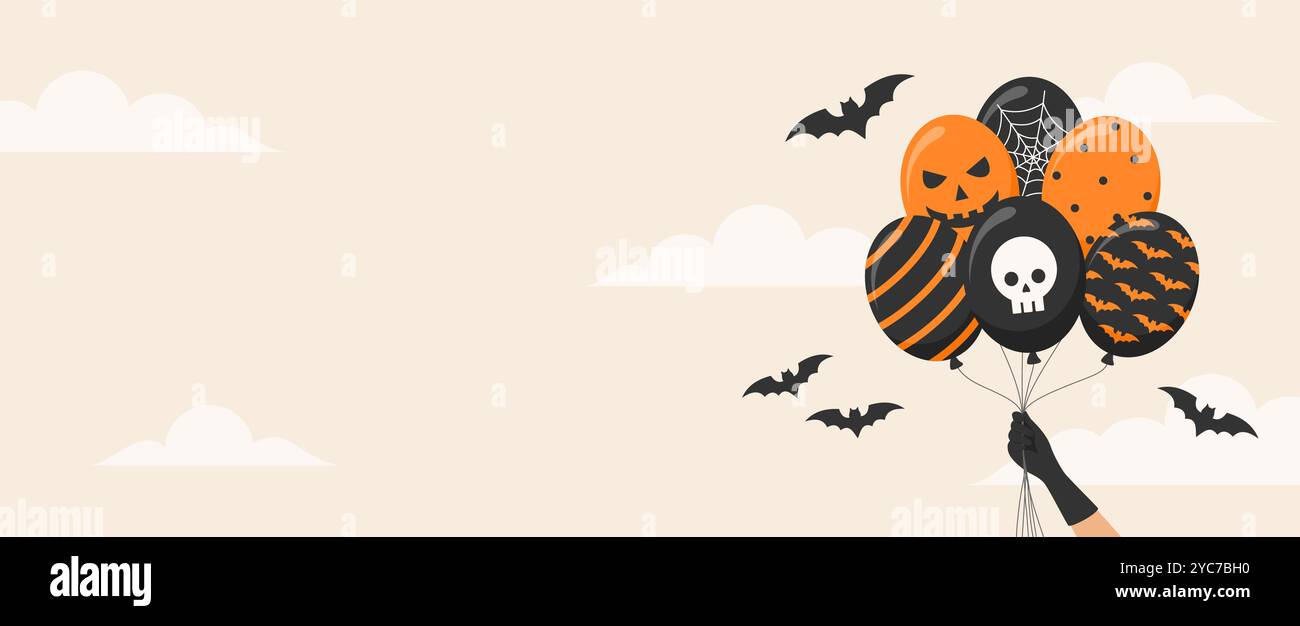 Striscione di Halloween. Indossa un guanto nero che regge palloncini di Halloween neri e arancioni, copia spazio. Illustrazione vettoriale piatta Illustrazione Vettoriale Striscione di Halloween. Indossa un guanto nero che regge palloncini di Halloween neri e arancioni, copia spazio. Illustrazione vettoriale piatta Illustrazione Vettoriale