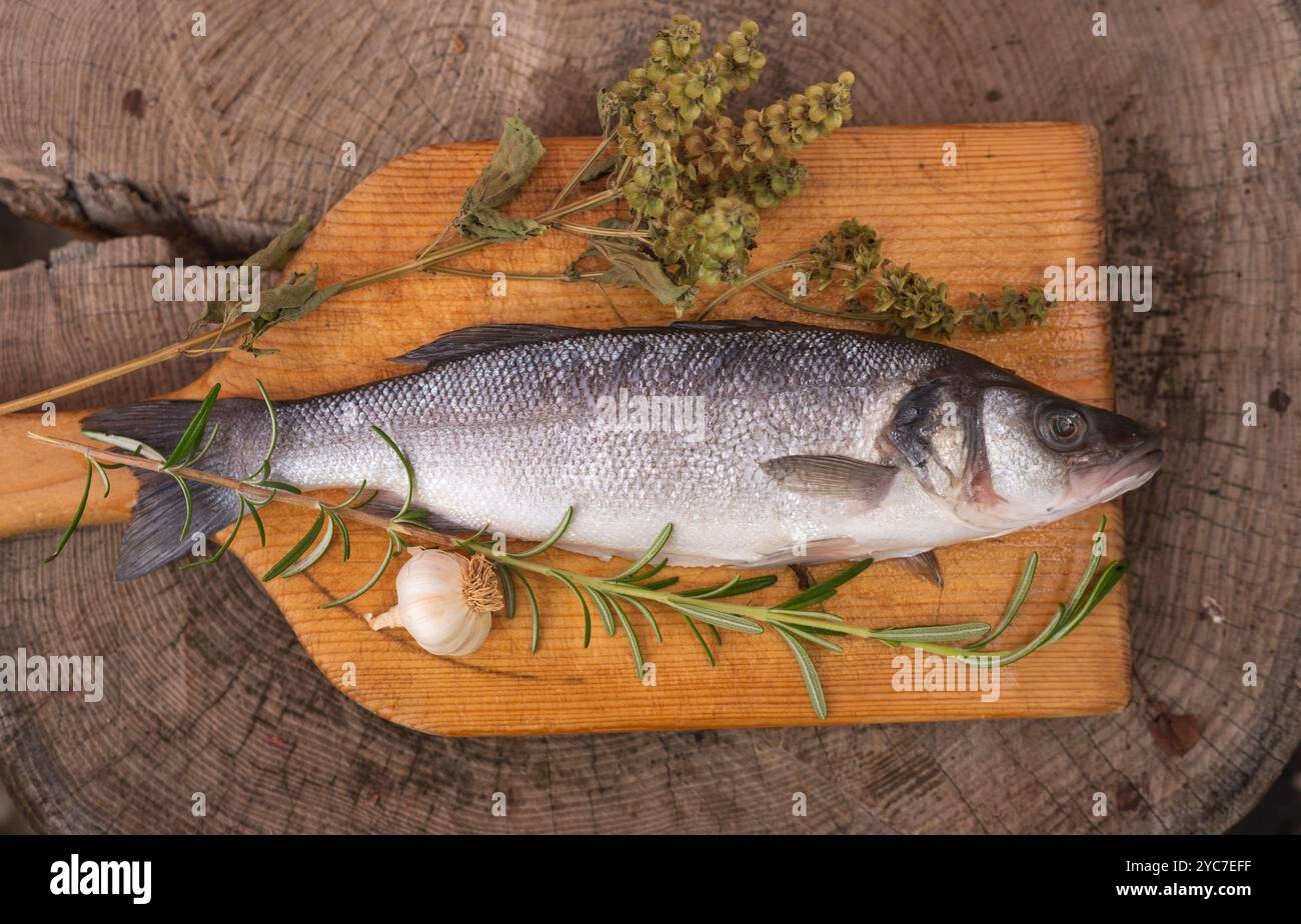 Pesce di spigola crudo su tavola di legno con decorazione di erbe e spezie Foto Stock