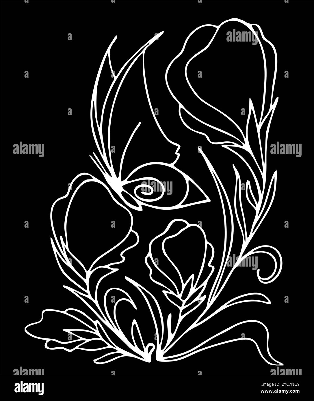 disegno grafico bianco di contorno di un bouquet di fiori su sfondo nero, disegno Foto Stock