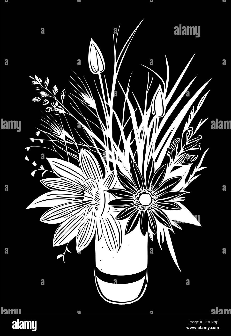 disegno grafico bianco di contorno di un bouquet di fiori su sfondo nero, disegno Foto Stock