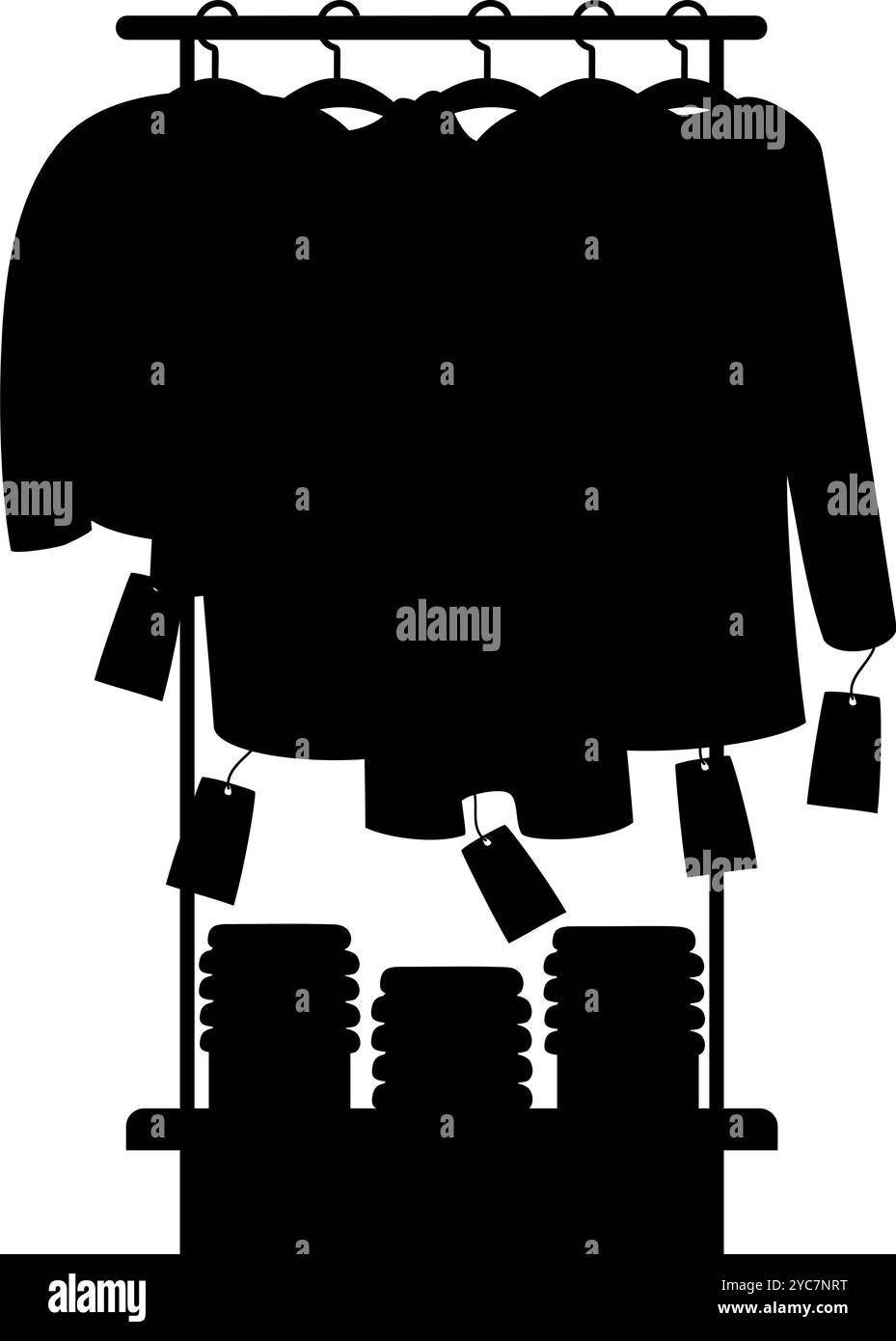 Shopping, vendita. Scaffale con appendiabiti con il cartellino del prezzo. Disegno di silhouette. Illustrazione vettoriale. Concept Season Purchase, Natale e Illustrazione Vettoriale
