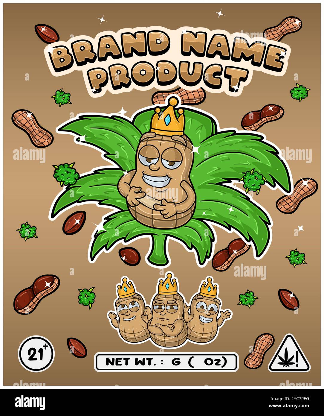 Aroma di arachidi cartoni animati con foglia di cannabis, progettato per logo, etichetta o imballaggio. Marchio del prodotto nell'industria della cannabis, specialmente per i commestibili, oi Illustrazione Vettoriale