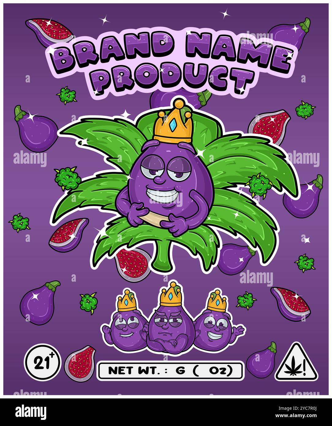 Sapore di frutta di fico cartoni animati con foglia di cannabis, progettato per logo, etichetta o imballaggio. Marchio del prodotto nell'industria della cannabis, in particolare per i commestibili, Illustrazione Vettoriale