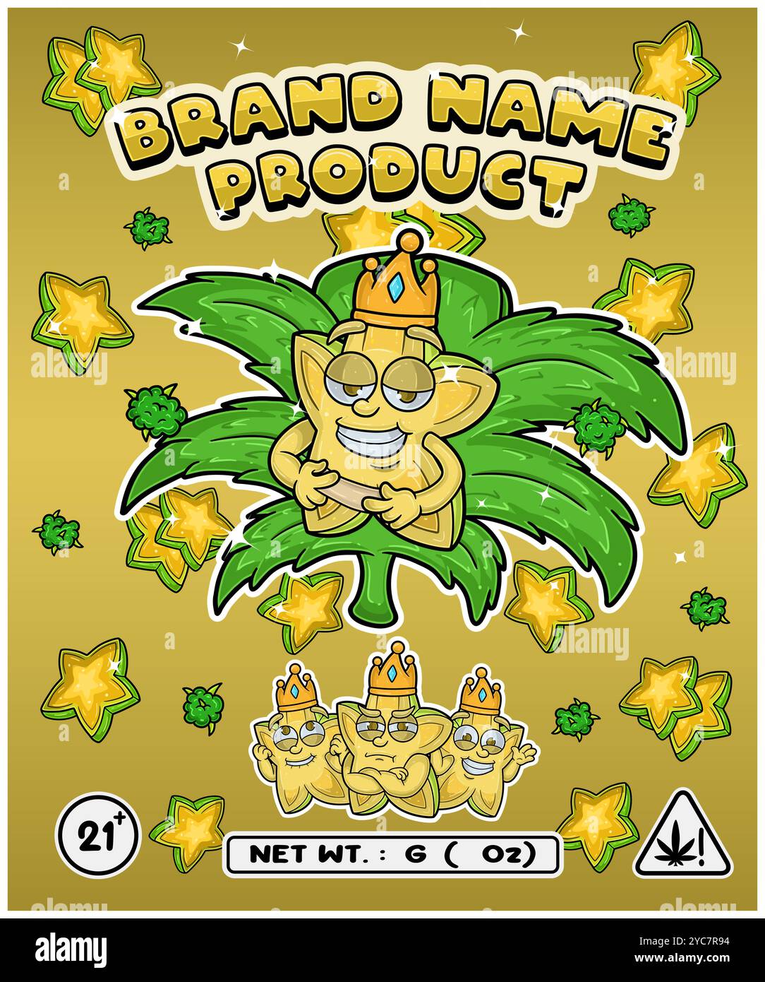 Sapore di frutta a forma di stella cartoni animati con foglia di cannabis, progettato per logo, etichetta o imballaggio. Marchio del prodotto nell'industria della cannabis, specialmente per i commestibili Illustrazione Vettoriale