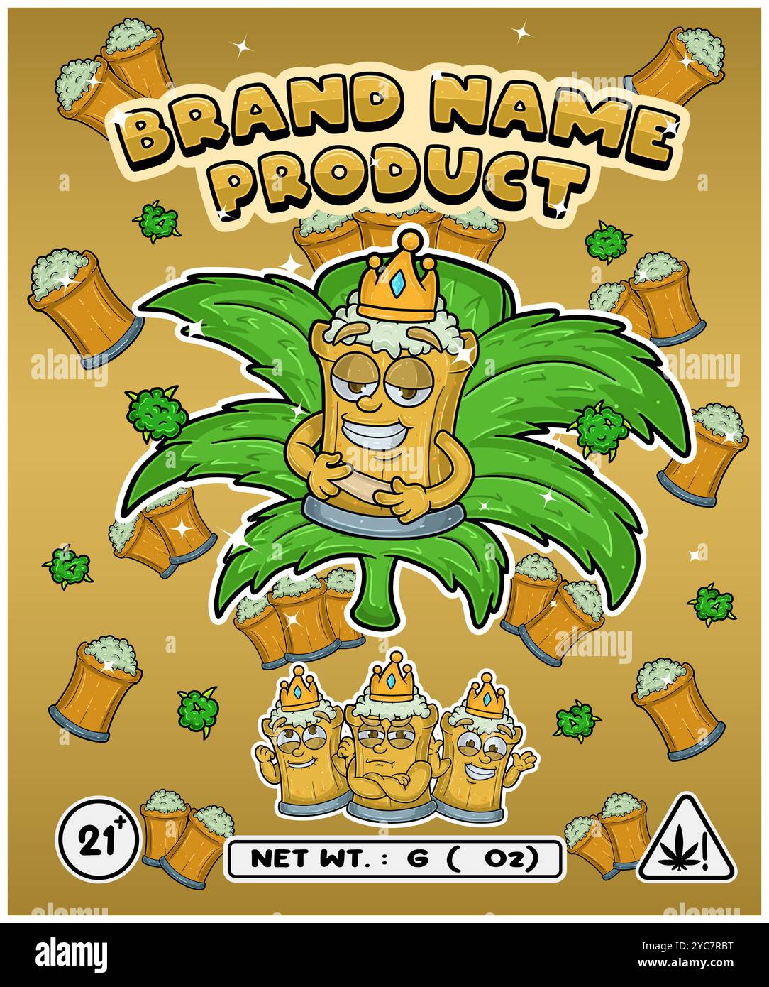 Aroma di birra a radice di cartoni animati con foglia di cannabis, progettato per logo, etichetta o imballaggio. Marchio del prodotto nell'industria della cannabis, in particolare per i commestibili, Illustrazione Vettoriale