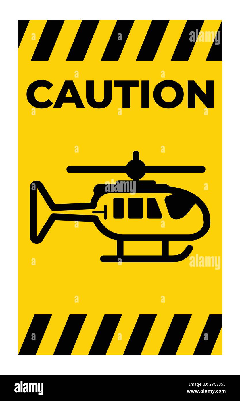 Segnale di attenzione giallo luminoso con un'icona di elicottero, progettato per indicare la sicurezza e la consapevolezza in caso di aviazione o situazioni di emergenza. Ideale per vario Illustrazione Vettoriale