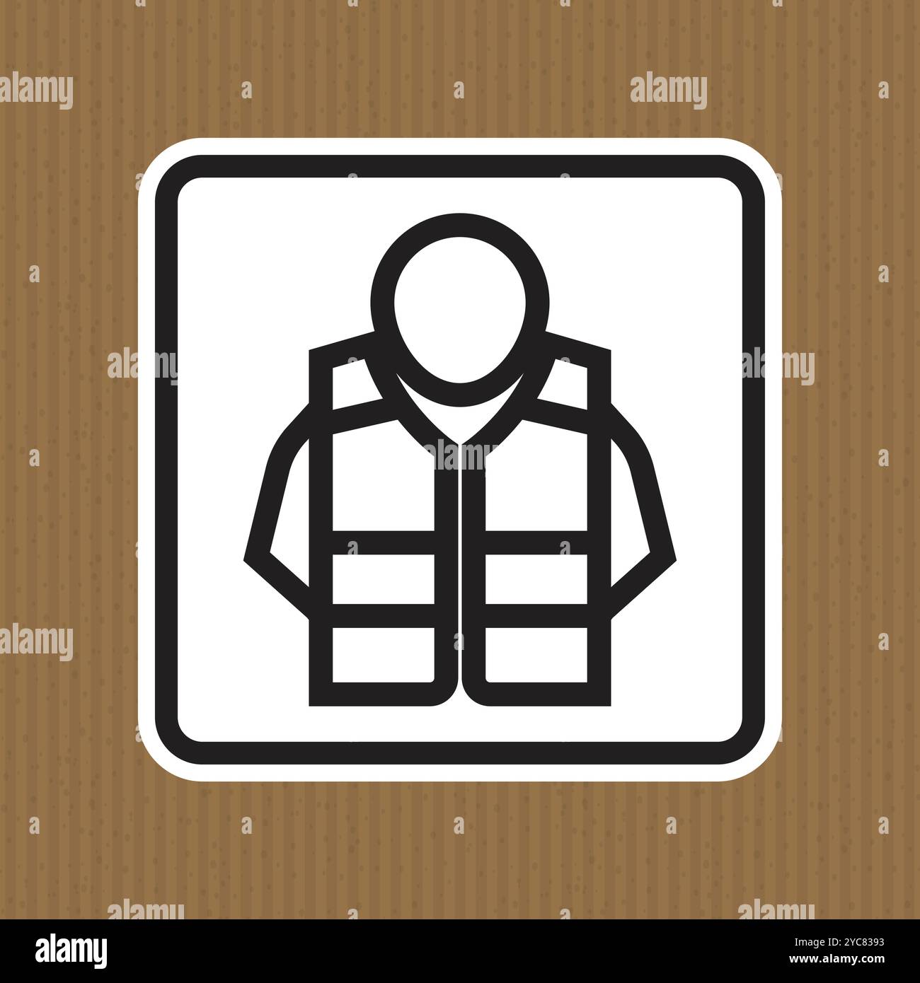 Questa immagine presenta un'icona minimalista di un gilet di sicurezza su sfondo marrone. Ideale per rappresentare la sicurezza e la protezione in vari set professionali Illustrazione Vettoriale