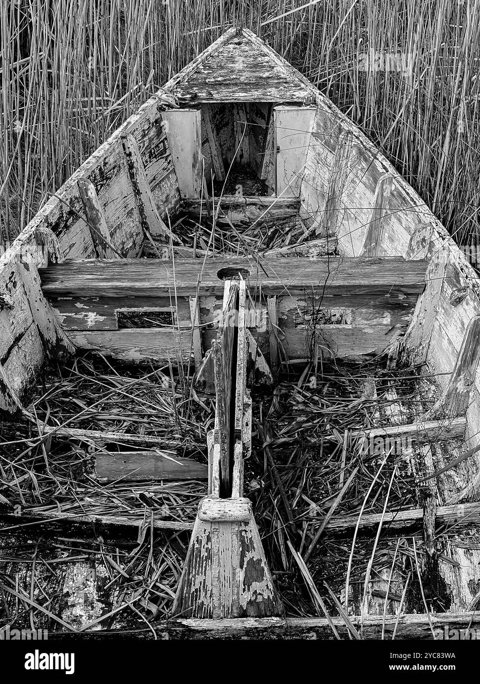 Vecchia barca in legno lavata nell'erba Foto Stock