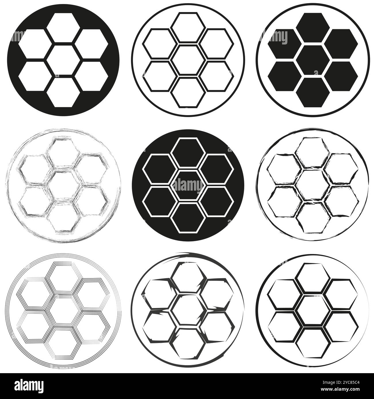 Set di icone a nido d'ape. Design geometrici esagonali. Nove stili in bianco e nero. Simbolo vettoriale. Illustrazione Vettoriale