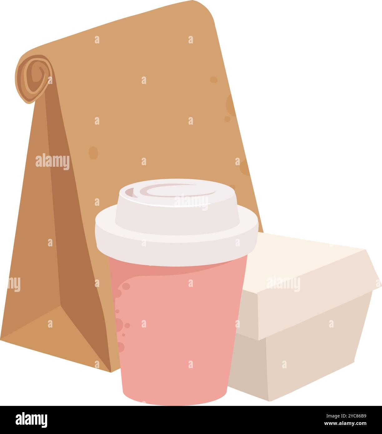 Contenitore monouso per fast food. Contenitori per la consegna di alimenti da asporto, scatola di cartone, sacchetto di carta e tazza di plastica per le bevande icona del vettore piatto Illustrazione Vettoriale