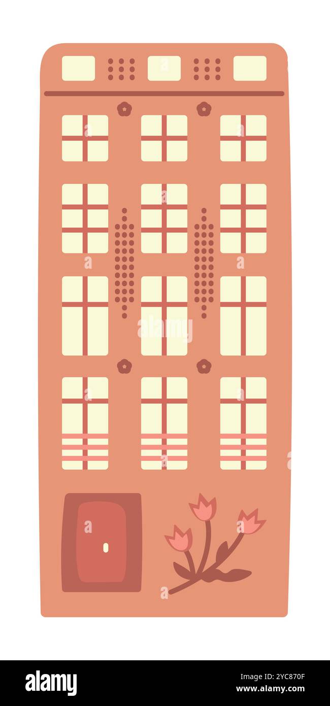 Casa singola sul canale arancione di Amsterdam, tipica architettura olandese. Edificio olandese dai colori carini con tulipani, doodle preppy, illustrazione vettoriale, auth Illustrazione Vettoriale
