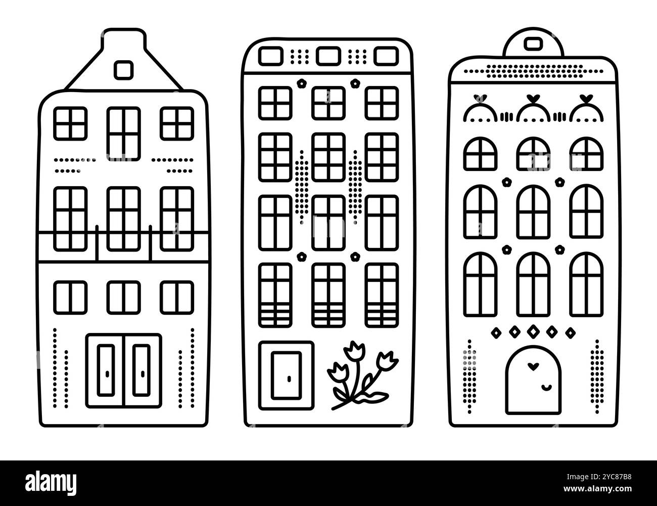 Tipica architettura olandese, tre case sui canali in stile Amsterdam. Serie di edifici con linea nera nei Paesi Bassi, illustrazione vettoriale Illustrazione Vettoriale