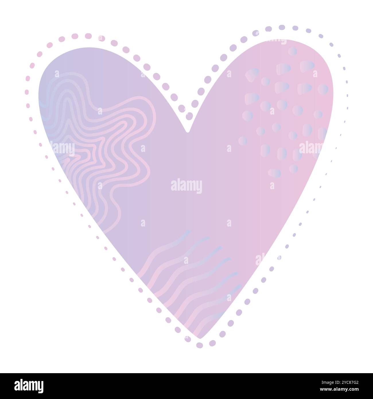 Cuore sfumato rosa e viola con elementi in stile memphis, onde, spirale, punti e contorno punteggiato Illustrazione Vettoriale