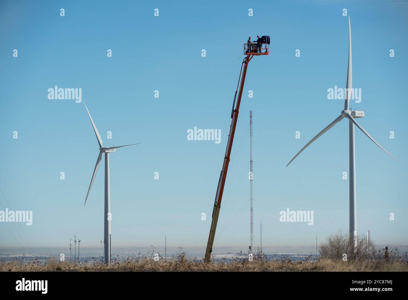 09 febbraio 2016-il ricercatore NREL Jason Roadman e il veterinario Seth Oster preparano a rilasciare un'aquila d'oro da un ascensore durante la ricerca presso il National Wind Technology Center l'aquile dell'Università di Auburn, formatori e un veterinario stanno partecipando alla ricerca per aiutare il National Renewable Energy Laboratory del Dipartimento dell'energia degli Stati Uniti a sviluppare un radar e sistemi visivi che impediscono gli attacchi di uccelli con le turbine eoliche. La ricerca è un progetto di collaborazione con Laufer Wind, RES America, NREL e Università di Auburn. (Foto di DENNIS SCHROEDER / NREL) Vedi anche gli Eagles partecipano al Colo Foto Stock