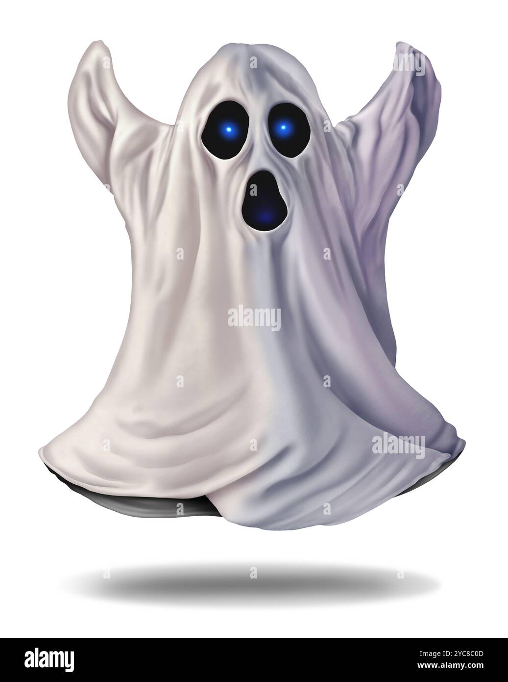 Cute Classic Ghost come uno spirito infestato o un mostro spaventoso di Halloween come un fantasma paranormale galleggiante. Foto Stock