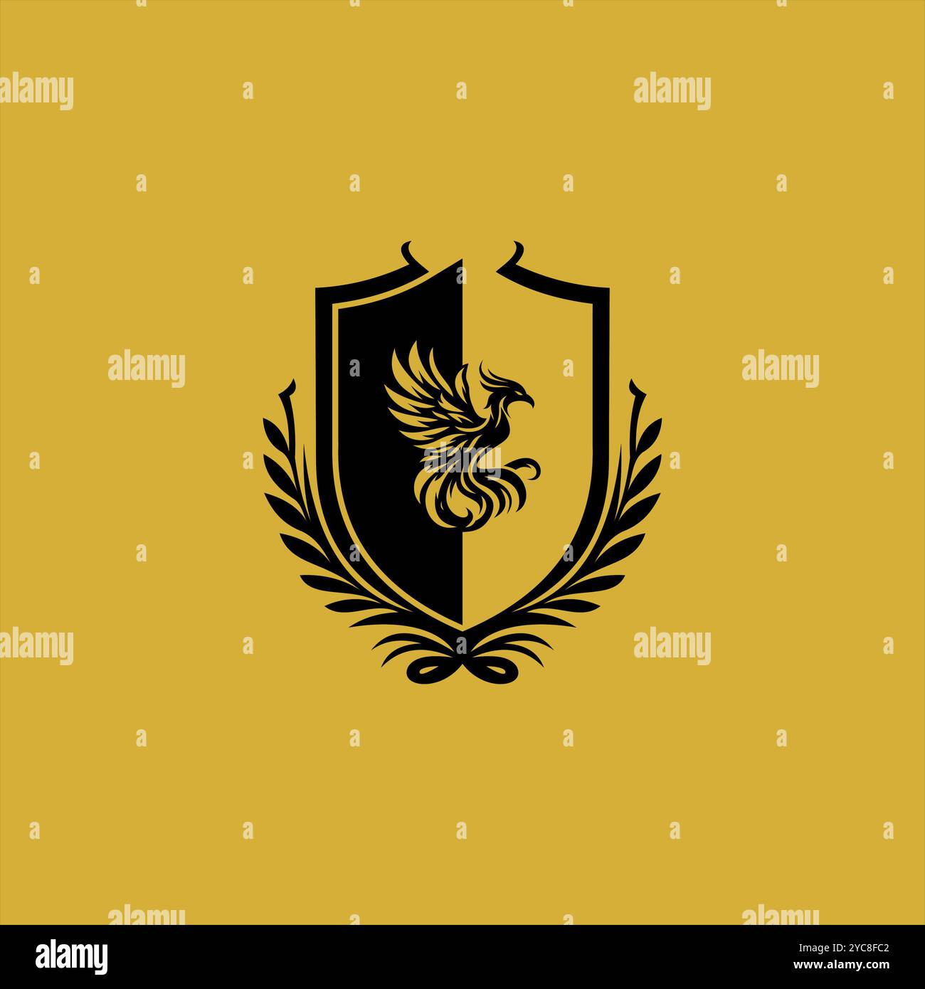 lo splendido stemma presenta una fenice che si innalza dalle fiamme, splendidamente incorniciata da un intricato modello di sfondo dorato Foto Stock