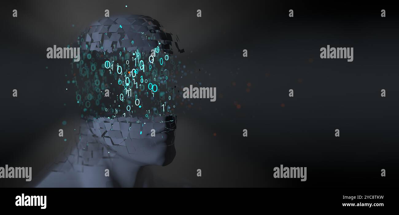 La testa dell'uomo blu-grigio esplode con codice binario ciano pari a zero e un numero all'interno su sfondo scuro fuori fuoco. Illustrazione 3D. Foto Stock