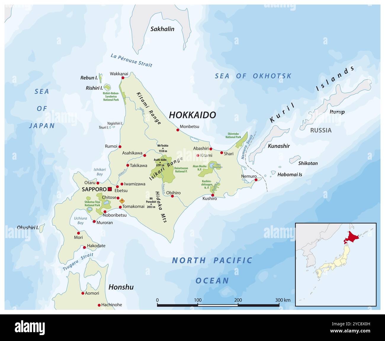 Mappa dell'isola giapponese di Hokkaido Foto Stock