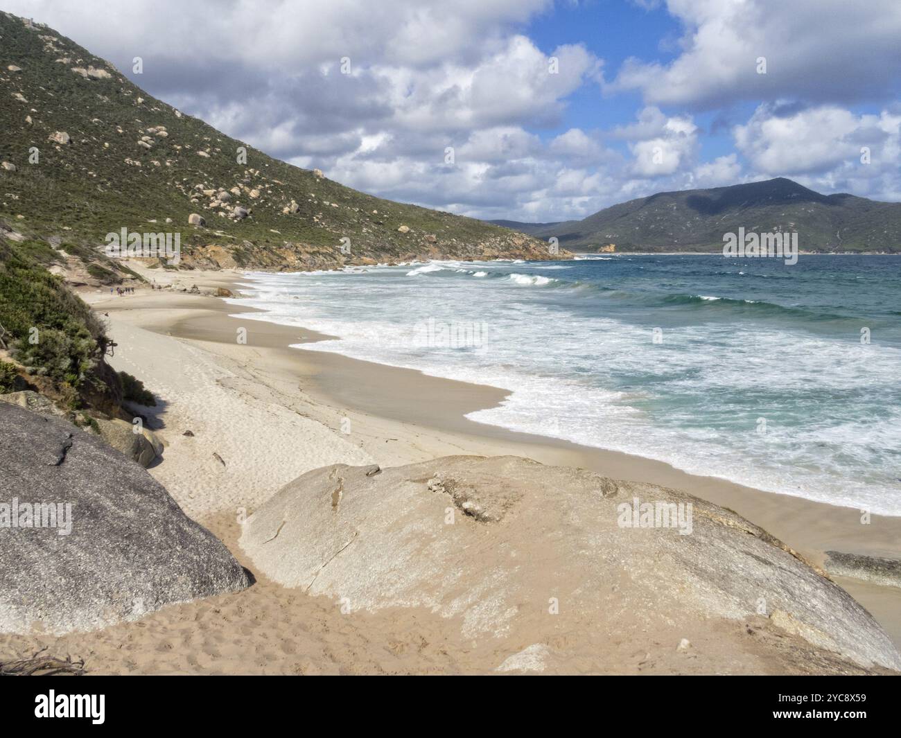La splendida spiaggia sabbiosa di Little Oberon Bay è il luogo perfetto per una breve pausa e uno spuntino, Wilsons Promontory, Victoria, Australia, Oceania Foto Stock