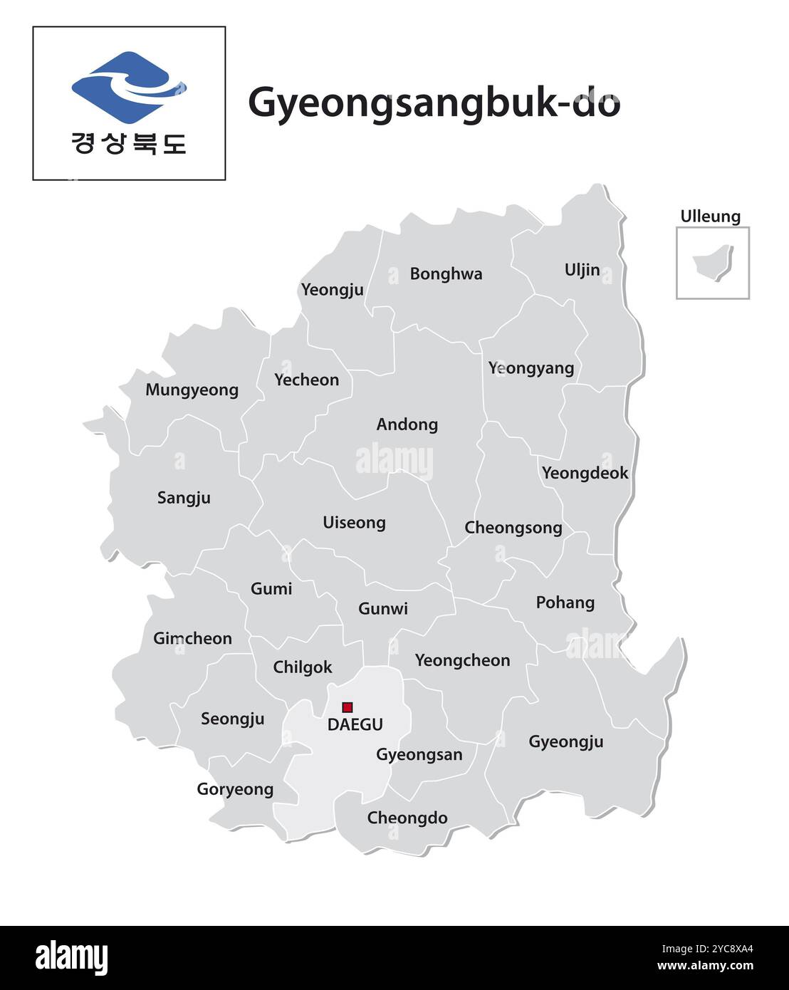 Mappa amministrativa vettoriale della provincia sudcoreana di Gyeongsangbuk-do con bandiera Foto Stock
