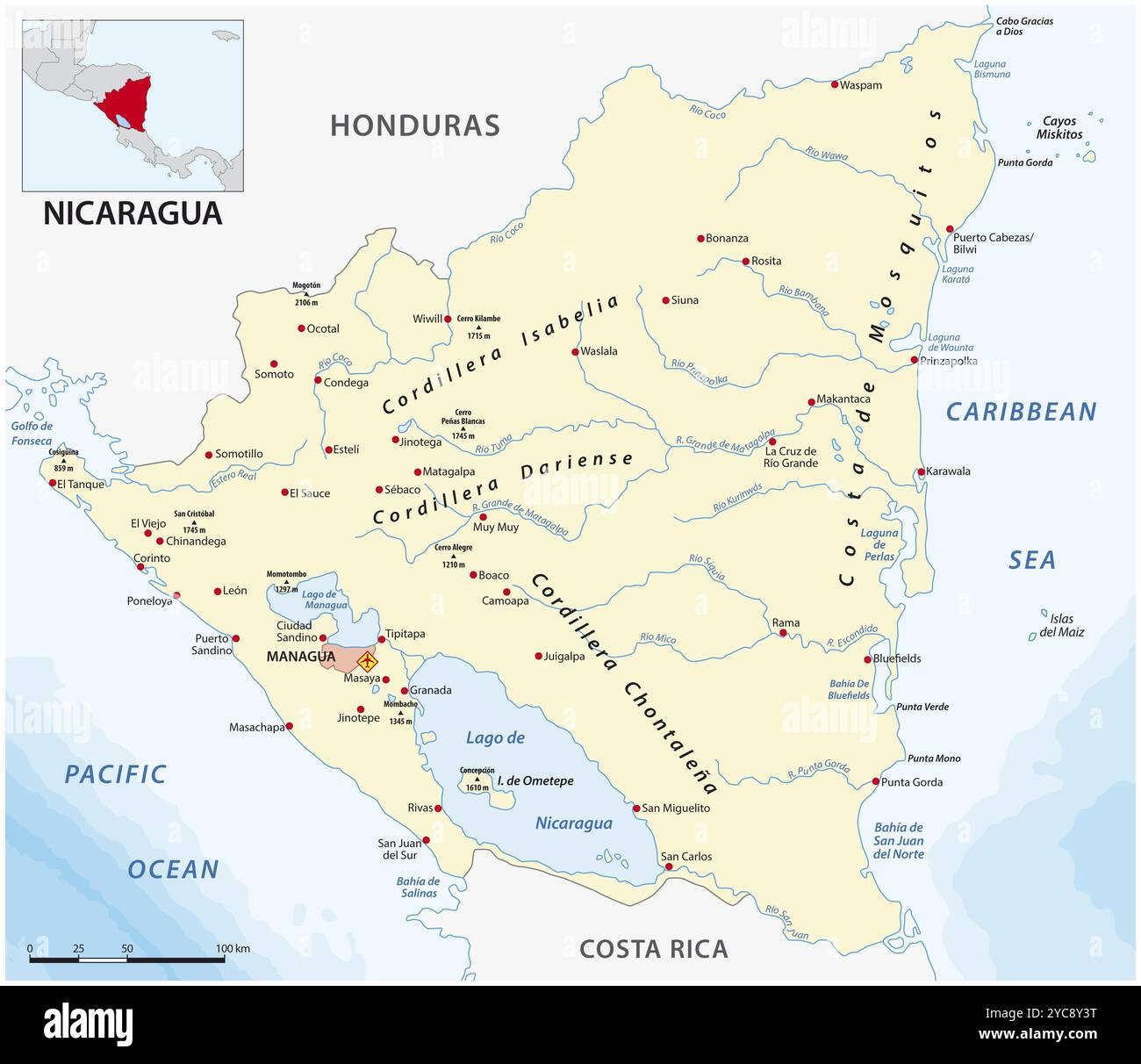 Mappa vettoriale dello stato centroamericano del Nicaragua Foto Stock