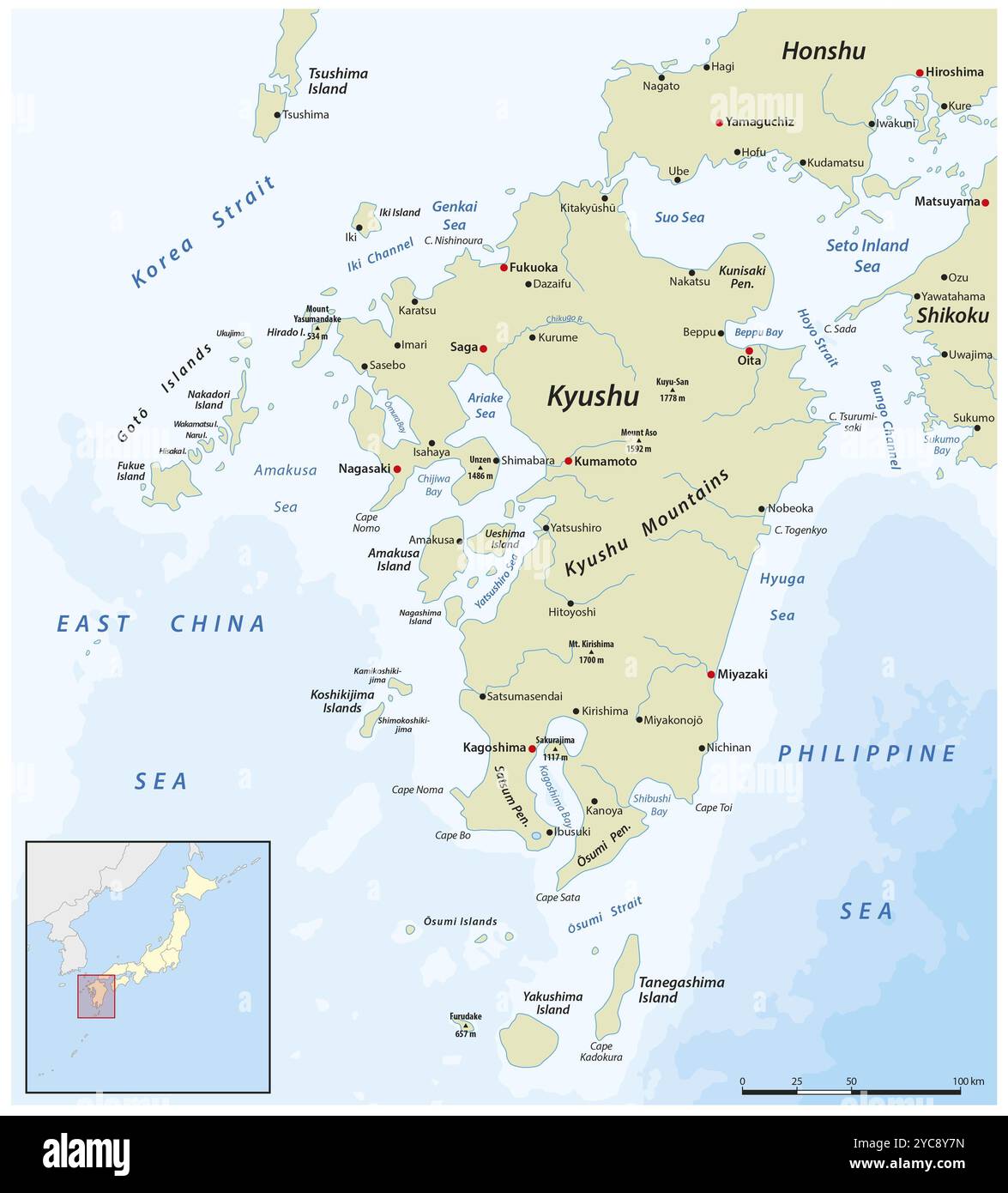 Mappa vettoriale dell'isola giapponese di Kyushu Foto Stock