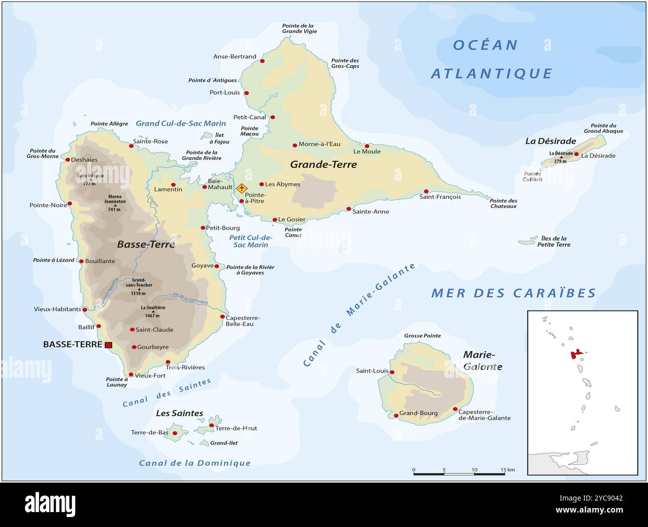 Mappa vettoriale del territorio francese d'oltremare Guadalupa Foto Stock