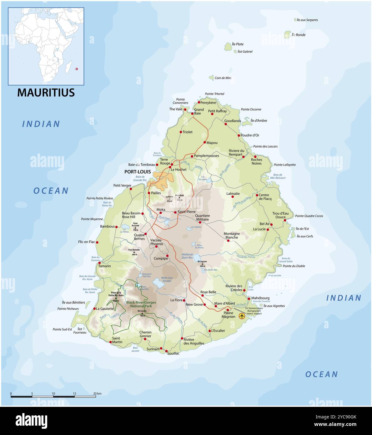 Vektor mappa stradale dell'isola di Mauritius nell'Oceano Indiano Foto Stock