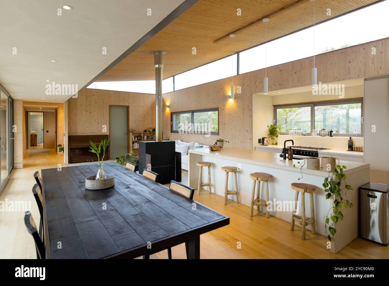 Moderna cucina open-space e zona pranzo con accenti di legno naturale e piante, a casa Foto Stock