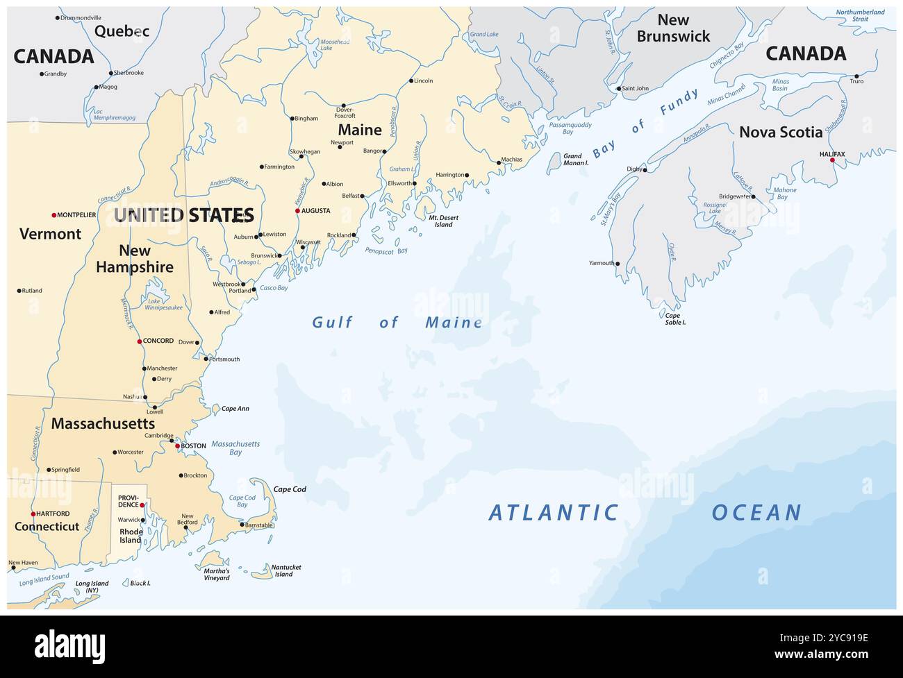 Mappa vettoriale del mare marginale nordamericano, Golfo del Maine, Canada, Stati Uniti, Nord America Foto Stock